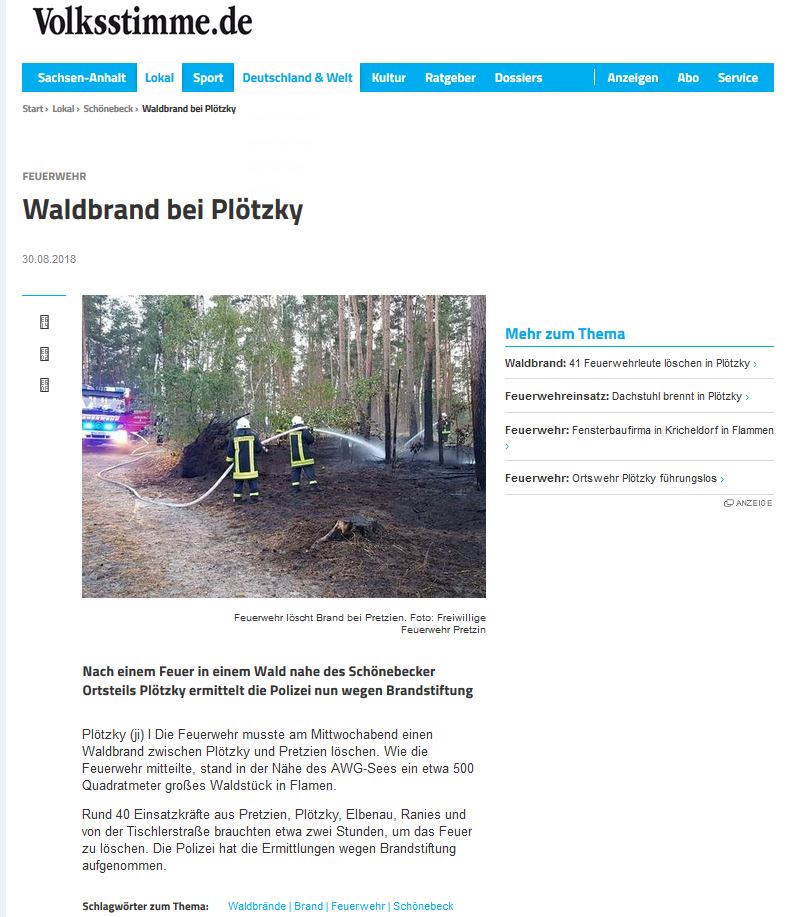 Waldbrand bei Plötzky, Volksstimme vom 30.08.2018